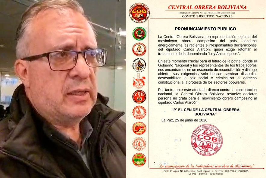 COB declara persona no grata al diputado Alarcón por insistir con la Ley Antibloqueo
