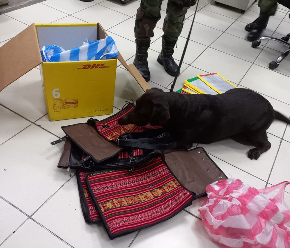 Can antidroga detecta cocaína al interior de carteras artesanales en el Aeropuerto Viru Viru