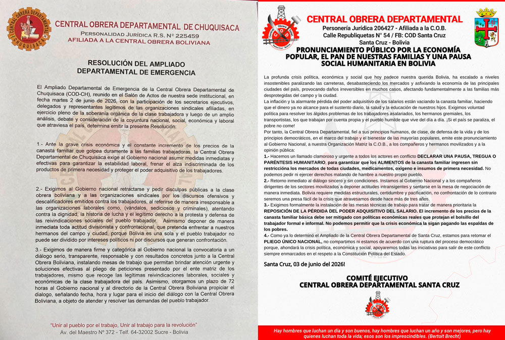 COD de Chuquisaca y Santa Cruz piden diálogo y deponer actitudes