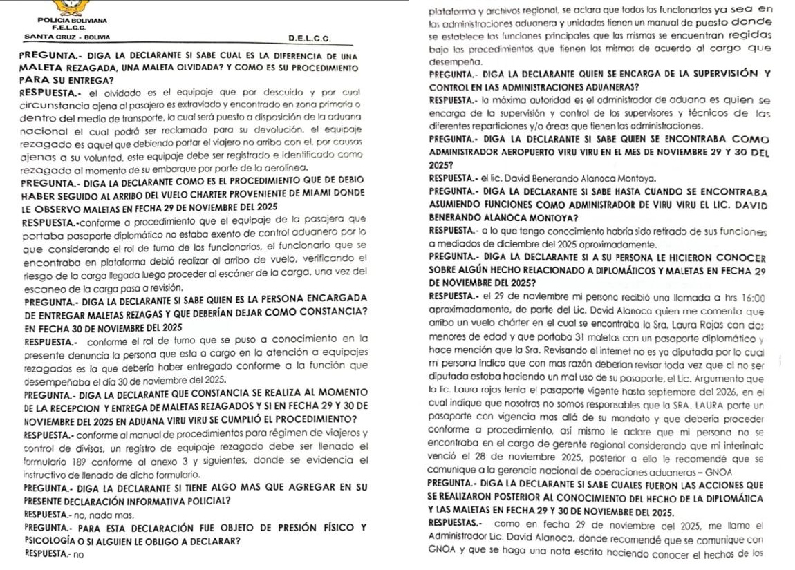 Exgerente de Aduana Santa Cruz advirtió mal uso de pasaporte diplomático y sugirió revisar las maletas de Rojas